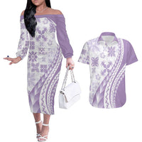 Purple Hawaiian Quilt Pattern Couples Matching Off The Shoulder Long Sleeve Dress and Hawaiian Shirt Mixed Polynesian Tribal Arty LT9 Purple - Polynesian Pride
