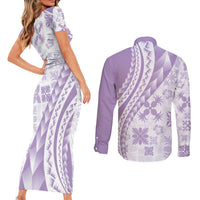 Purple Hawaiian Quilt Pattern Couples Matching Short Sleeve Bodycon Dress and Long Sleeve Button Shirt Mixed Polynesian Tribal Arty LT9 - Polynesian Pride