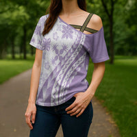Purple Hawaiian Quilt Pattern Cross Shoulder Shirt Mixed Polynesian Tribal Arty - Polynesian Pride