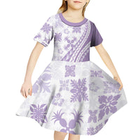 Purple Hawaiian Quilt Pattern Kid Short Sleeve Dress Mixed Polynesian Tribal Arty