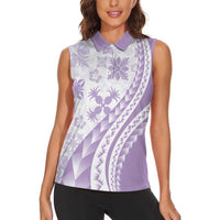 Purple Hawaiian Quilt Pattern Women Sleeveless Polo Shirt Mixed Polynesian Tribal Arty
