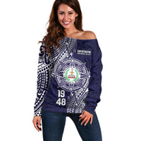 Personalised Tonga Sia'atoutai Theological College Off Shoulder Sweater Since 1948 Special Kupesi Pattern LT9 Women Navy - Polynesian Pride