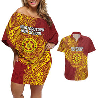 Personalised Tonga Niuatoputapu High School Couples Matching Off Shoulder Short Dress and Hawaiian Shirt Special Kupesi Pattern LT9 Gold - Polynesian Pride