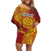 Personalised Tonga Niuatoputapu High School Off Shoulder Short Dress Special Kupesi Pattern LT9 Women Gold - Polynesian Pride