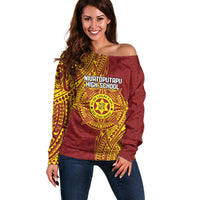 Personalised Tonga Niuatoputapu High School Off Shoulder Sweater Special Kupesi Pattern LT9 Women Gold - Polynesian Pride
