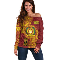 Personalised Tonga Vava'u High School Off Shoulder Sweater Since 1985 Special Kupesi Pattern LT9 Women Red - Polynesian Pride