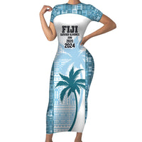 Custom Fiji Rugby Family Matching Short Sleeve Bodycon Dress and Hawaiian Shirt History Champions World Cup 7s - Bllue