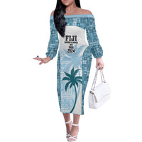 Custom Fiji Rugby Off The Shoulder Long Sleeve Dress History Champions World Cup 7s - Bllue