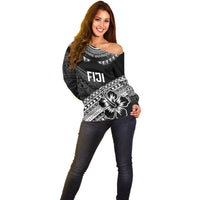 Custom Rugby Fiji Off Shoulder Sweater Black Traditional Masi Inspired