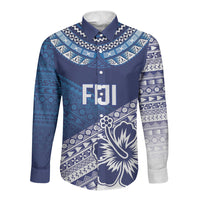 Custom Rugby Fiji Long Sleeve Button Shirt Blue Traditional Masi Inspired