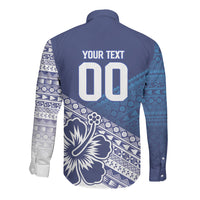 Custom Rugby Fiji Long Sleeve Button Shirt Blue Traditional Masi Inspired