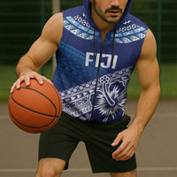 Custom Rugby Fiji Sleeveless Zip Hoodie Blue Traditional Masi Inspired