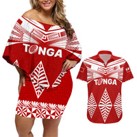 Tonga Rugby Couples Matching Off Shoulder Short Dress and Hawaiian Shirt Proud Tongan Ngatu Kupesi World Cup 2023 No1 LT9 White - Polynesian Pride