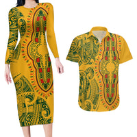Africa Dashiki Couples Matching Long Sleeve Bodycon Dress and Hawaiian Shirt African Tribal Art Mixed Polynesian Tattoo Gold Color Unique LT9 Gold - Polynesian Pride