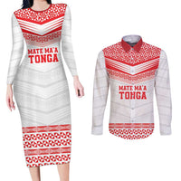 Custom Mate Ma'a Tonga Heritage Couples Matching Long Sleeve Bodycon Dress and Long Sleeve Button Shirt Pacific Tribal Rugby White Edition - Polynesian Pride