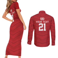 Custom Pacific Rugby Spirit Couples Matching Short Sleeve Bodycon Dress and Long Sleeve Button Shirt Tonga Ngatu Pride Red Edition - Polynesian Pride