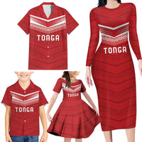 Custom Pacific Rugby Spirit Family Matching Long Sleeve Bodycon Dress and Hawaiian Shirt Tonga Ngatu Pride Red Edition - Polynesian Pride