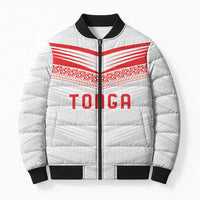 Custom Pacific Rugby Spirit Bomber Puffer Jacket Tonga Ngatu Pride White Edition - Polynesian Pride