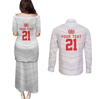 Custom Pacific Rugby Spirit Couples Matching Puletasi and Long Sleeve Button Shirt Tonga Ngatu Pride White Edition - Polynesian Pride