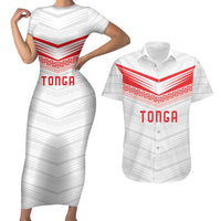 Custom Pacific Rugby Spirit Couples Matching Short Sleeve Bodycon Dress and Hawaiian Shirt Tonga Ngatu Pride White Edition - Polynesian Pride