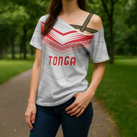 Custom Pacific Rugby Spirit Cross Shoulder Shirt Tonga Ngatu Pride White Edition LT9 - Polynesian Pride