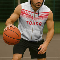 Custom Pacific Rugby Spirit Sleeveless Zip Hoodie Tonga Ngatu Pride White Edition - Polynesian Pride
