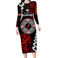 New Zealand Waitangi Day Personalised Family Matching Long Sleeve Bodycon Dress and Hawaiian Shirt Aotearoa Te Ra O Waitangi With Maori Tattoo LT9 Mom's Dress Red - Polynesian Pride