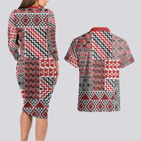 Aotearoa Kowhaiwhai Taniko Patchwork Motifs Couples Matching Long Sleeve Bodycon Dress and Hawaiian Shirt LT9 - Polynesian Pride