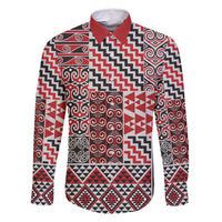 Aotearoa Kowhaiwhai Taniko Patchwork Motifs Family Matching Mermaid Dress and Hawaiian Shirt LT9 Dad's Shirt - Long Sleeve Red - Polynesian Pride