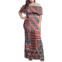 Aotearoa Kowhaiwhai Taniko Patchwork Motifs Family Matching Off Shoulder Maxi Dress and Hawaiian Shirt LT9 Mom's Dress Red - Polynesian Pride