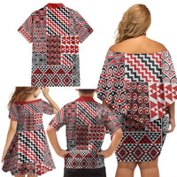 Aotearoa Kowhaiwhai Taniko Patchwork Motifs Family Matching Off Shoulder Short Dress and Hawaiian Shirt LT9 - Polynesian Pride
