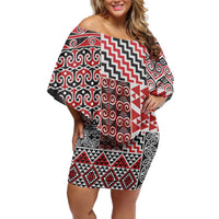 Aotearoa Kowhaiwhai Taniko Patchwork Motifs Family Matching Off Shoulder Short Dress and Hawaiian Shirt LT9 Mom's Dress Red - Polynesian Pride