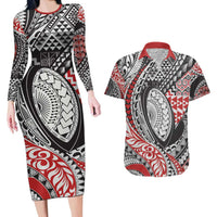 Aotearoa Maori Rugby Tribal Tattoo Couples Matching Long Sleeve Bodycon Dress and Hawaiian Shirt Kowhaiwhai Taniko Patchwork Motifs LT9 Red - Polynesian Pride