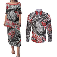 Aotearoa Maori Rugby Tribal Tattoo Couples Matching Puletasi and Long Sleeve Button Shirt Kowhaiwhai Taniko Patchwork Motifs LT9 Red - Polynesian Pride