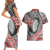 Aotearoa Maori Rugby Tribal Tattoo Couples Matching Short Sleeve Bodycon Dress and Hawaiian Shirt Kowhaiwhai Taniko Patchwork Motifs LT9 - Polynesian Pride