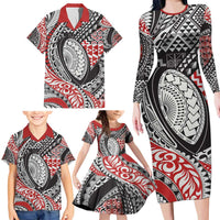 Aotearoa Maori Rugby Tribal Tattoo Family Matching Long Sleeve Bodycon Dress and Hawaiian Shirt Kowhaiwhai Taniko Patchwork Motifs LT9 - Polynesian Pride
