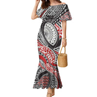 Aotearoa Maori Rugby Tribal Tattoo Family Matching Mermaid Dress and Hawaiian Shirt Kowhaiwhai Taniko Patchwork Motifs LT9 Mom's Dress Red - Polynesian Pride