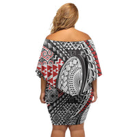 Aotearoa Maori Rugby Tribal Tattoo Family Matching Off Shoulder Short Dress and Hawaiian Shirt Kowhaiwhai Taniko Patchwork Motifs LT9 - Polynesian Pride