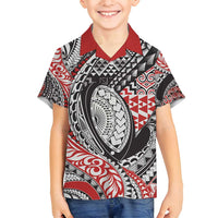 Aotearoa Maori Rugby Tribal Tattoo Family Matching Off Shoulder Short Dress and Hawaiian Shirt Kowhaiwhai Taniko Patchwork Motifs LT9 Son's Shirt Red - Polynesian Pride