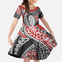 Aotearoa Maori Rugby Tribal Tattoo Family Matching Puletasi and Hawaiian Shirt Kowhaiwhai Taniko Patchwork Motifs LT9 Daughter's Dress Red - Polynesian Pride