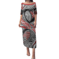 Aotearoa Maori Rugby Tribal Tattoo Family Matching Puletasi and Hawaiian Shirt Kowhaiwhai Taniko Patchwork Motifs LT9 Mom's Dress Red - Polynesian Pride