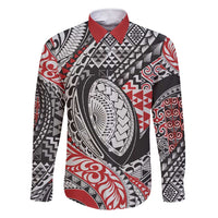 Aotearoa Maori Rugby Tribal Tattoo Family Matching Short Sleeve Bodycon Dress and Hawaiian Shirt Kowhaiwhai Taniko Patchwork Motifs LT9 Dad's Shirt - Long Sleeve Red - Polynesian Pride