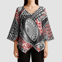 Aotearoa Maori Rugby Tribal Tattoo Kimono Sleeve Blouse Kowhaiwhai Taniko Patchwork Motifs - Polynesian Pride