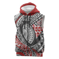 Aotearoa Maori Rugby Tribal Tattoo Sleeveless Zip Hoodie Kowhaiwhai Taniko Patchwork Motifs LT9 Red - Polynesian Pride