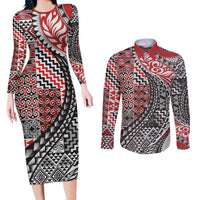 Aotearoa Maori Tribal Tattoo Couples Matching Long Sleeve Bodycon Dress and Long Sleeve Button Shirt Kowhaiwhai Taniko Patchwork Motifs LT9 Red - Polynesian Pride