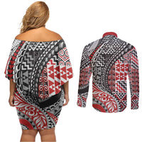 Aotearoa Maori Tribal Tattoo Couples Matching Off Shoulder Short Dress and Long Sleeve Button Shirt Kowhaiwhai Taniko Patchwork Motifs LT9 - Polynesian Pride