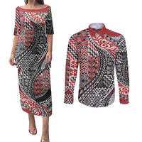 Aotearoa Maori Tribal Tattoo Couples Matching Puletasi and Long Sleeve Button Shirt Kowhaiwhai Taniko Patchwork Motifs LT9 Red - Polynesian Pride