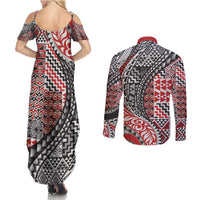 Aotearoa Maori Tribal Tattoo Couples Matching Summer Maxi Dress and Long Sleeve Button Shirt Kowhaiwhai Taniko Patchwork Motifs LT9 - Polynesian Pride