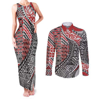 Aotearoa Maori Tribal Tattoo Couples Matching Tank Maxi Dress and Long Sleeve Button Shirt Kowhaiwhai Taniko Patchwork Motifs LT9 Red - Polynesian Pride