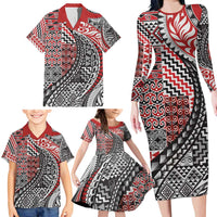 Aotearoa Maori Tribal Tattoo Family Matching Long Sleeve Bodycon Dress and Hawaiian Shirt Kowhaiwhai Taniko Patchwork Motifs LT9 - Polynesian Pride